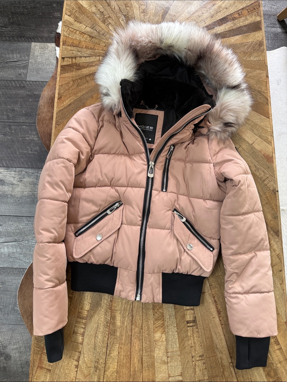 Noize Dusty Rose Puffer Jacket with Faux-Fur Hood XS